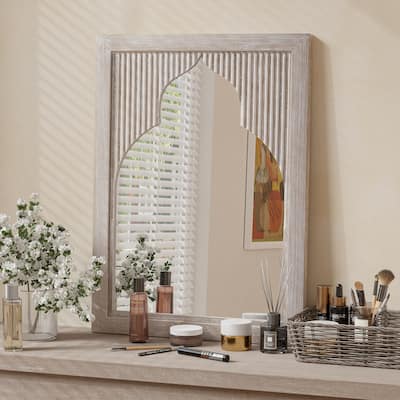COZAYH Gray Arched Wall Mirror with Textured Wood Frame and Farmhouse Accent Mirror for Living Room or Entryway Decor - Grey