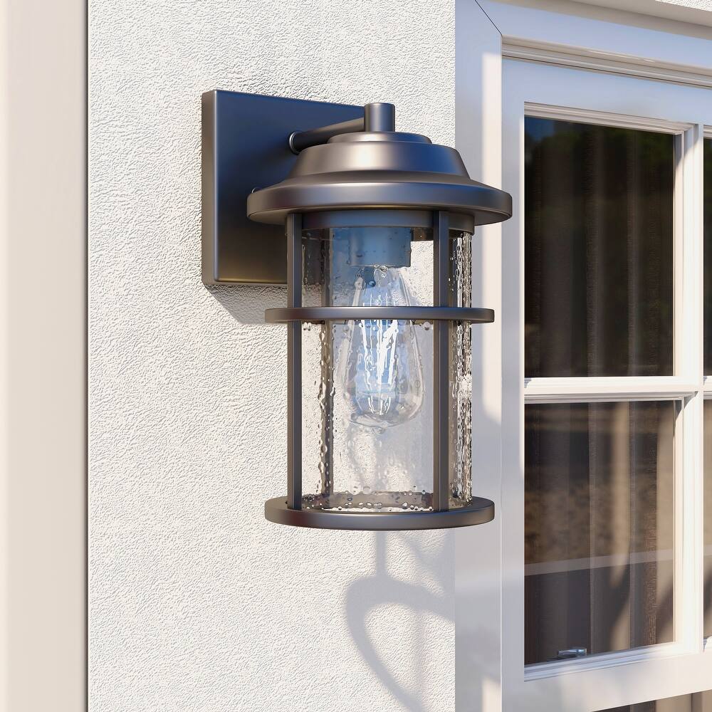 Modern Black Outdoor Wall Lantern with Seeded Glass