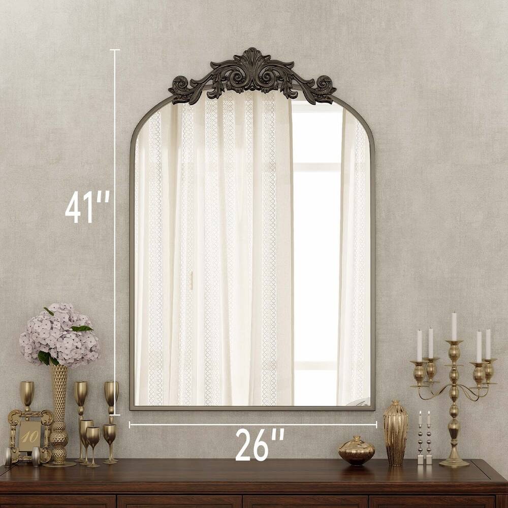 Metal Arch-top Bathroom Mirror with Baroque flower