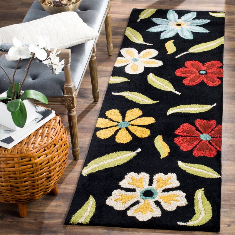 SAFAVIEH Handmade Blossom Gianpiera Modern Floral Wool Rug - 2'3" x 6' Runner - Black/Multi