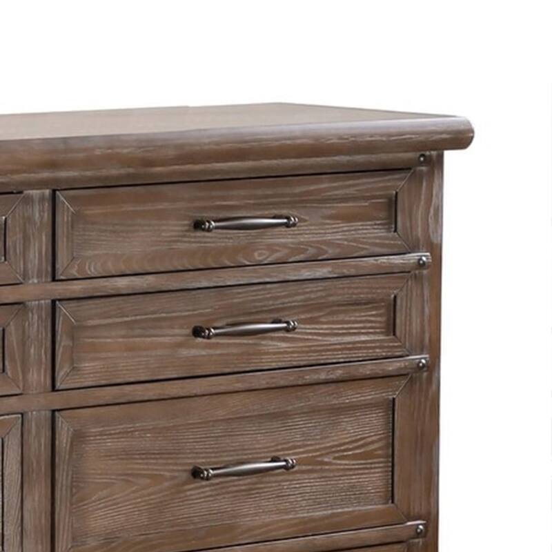 Merry Wide Dresser, 8 Drawers, Brown Solid Wood, Bronze Metal