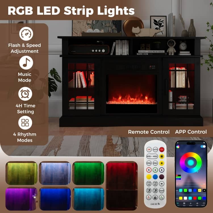 MDF Fireplace TV Stand with RGB LED, Remote and Storage - 48" L x 16" W x 29" H