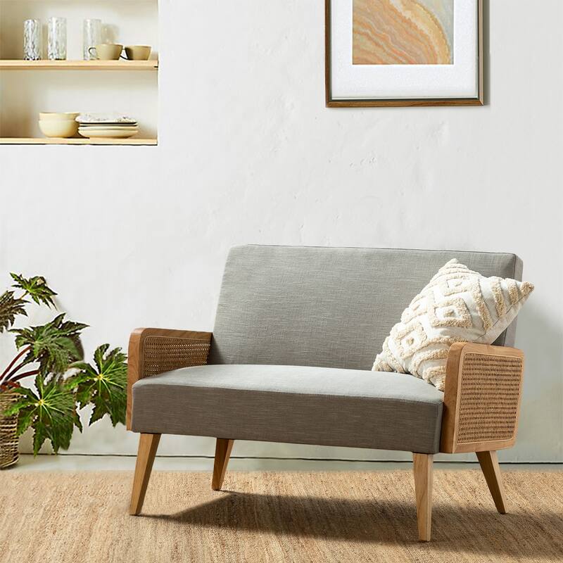 Sybil 43" Contemporary Solid Wood Upholstered Handcrafted Loveseat with Rattan Arms by HULALA HOME - PEWTER