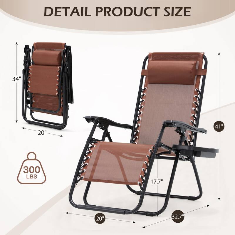 Zero Gravity Lounge Chair Set of 2 – Outdoor Folding Recliners with Cup Holder, Adjustable Headrest, Weather-Resistant Fabric