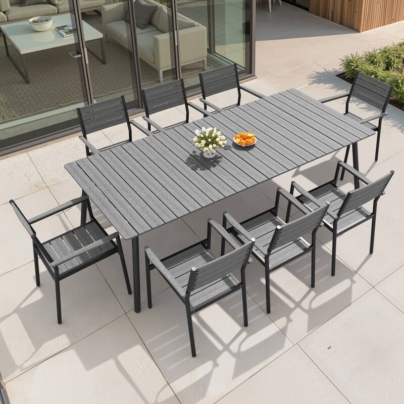 9-Piece Outdoor Patio Dining Set Aluminum Dining Table with Umbrella Hole and Stackable Chairs