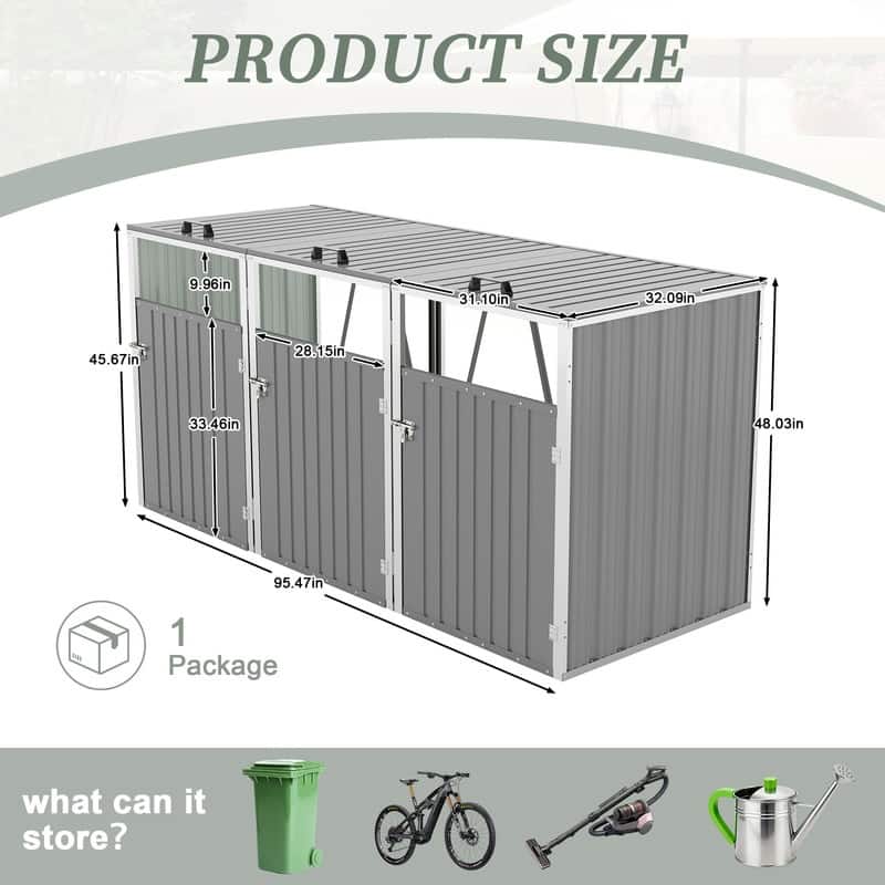 120 Cu. Ft. Outdoor 3-Trash-Can Storage Shed, Pneumatic Support Rod Storage - N/A