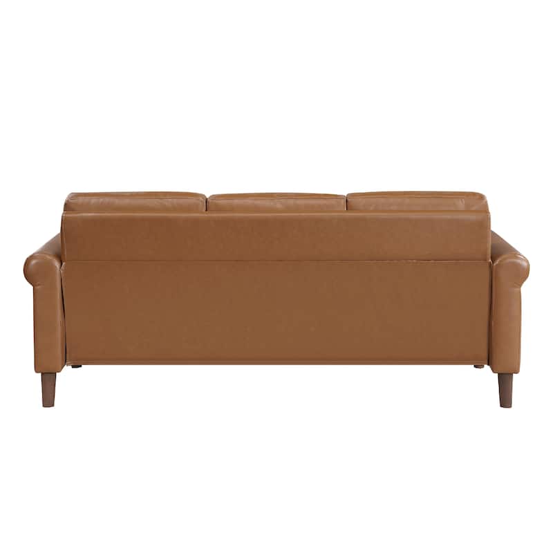 Lo Sofa w Rolled Arms, Mid Century Brown Faux Leather 79 Inch