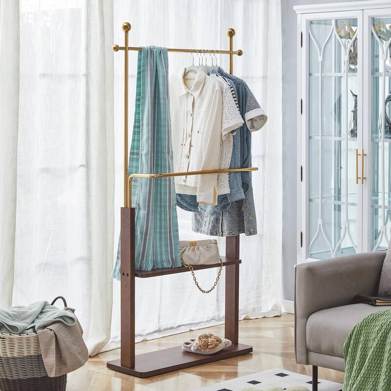Stainless Steel Hanger, Walnut Colored Solid Wood Double-Layer Coat Rack, 68.9 Inches High Design With Solid Wood Partition - Gold,Walnut