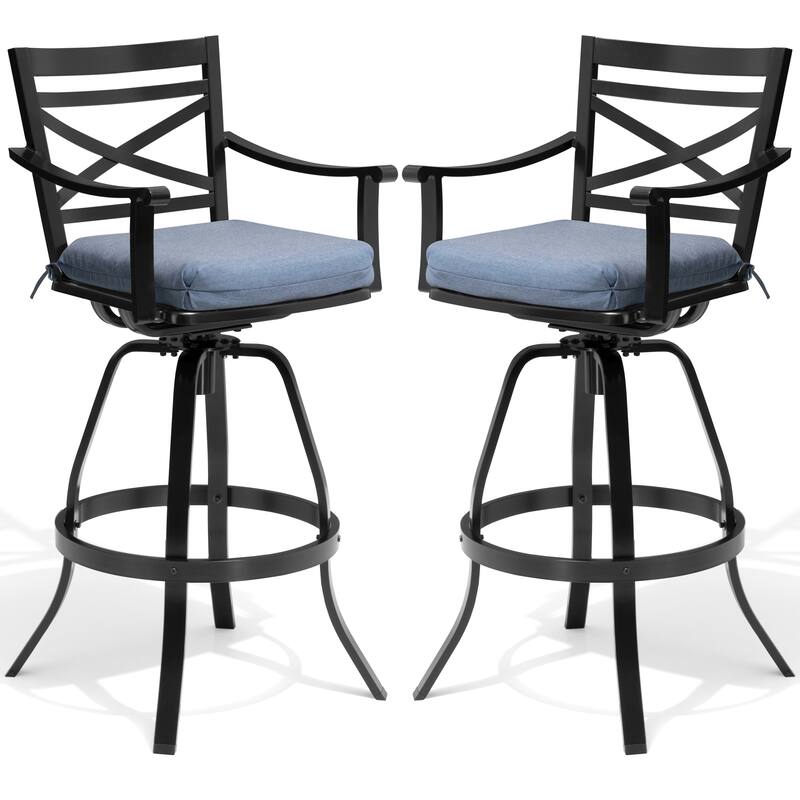 All-Weather Patio Outdoor Indoor Aluminum Swivel Bar Stools with Sunbrella Cushion - SpectrumDenim - 2-Piece