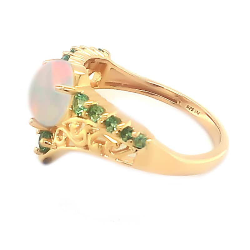 18K Yellow Gold Over Sterling Silver Ethiopian Opal, Tsavorite Chevron Ring
