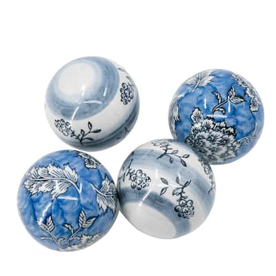 Floral Porcelain Orbs - 4" - Blue and White - Set of 4