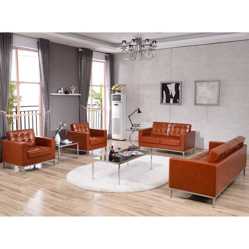 Contemporary Button Tufted Leather Loveseat w/ Steel Frame - 57"W x 31"D x 32"H