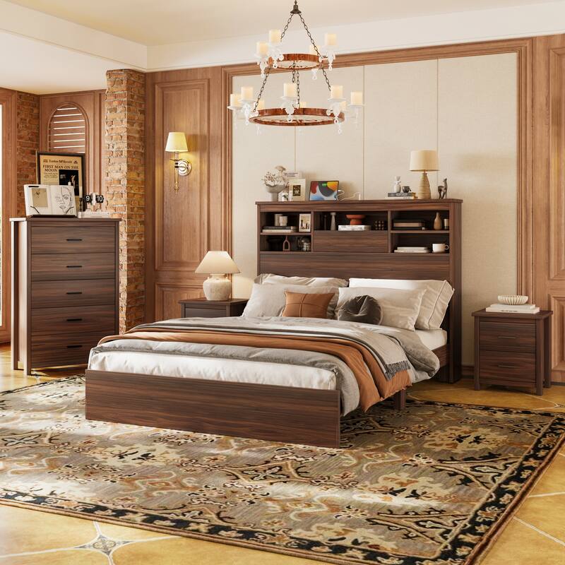 4-Pieces Bedroom Sets Queen Size Platform Bed Low-Profile Bed Frame with 2 Nightstand and 1 Dresser, USB Port, Storage Headboard - Walnut - Queen