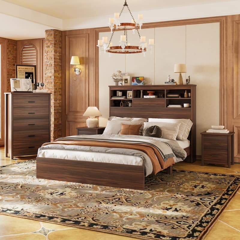 Queen 4PCS Wooden Bedroom Set with Storage Headboard and Charging Station - Walnut - Queen