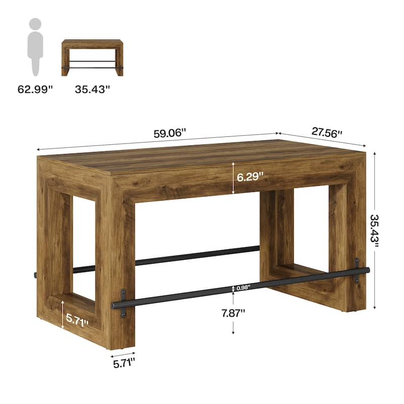 59" Bar Table, Counter Height Pub Table with Metal Footrest for Home Bar Kitchen - 27.56"D x 59.06"W x 35.43"H