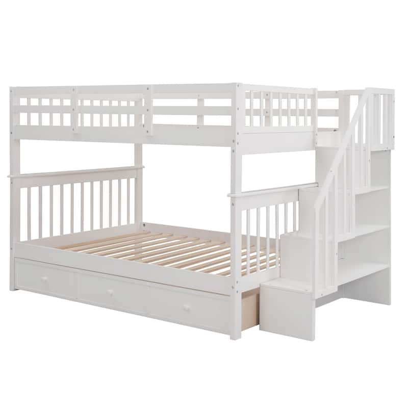 Solid Wood Full-Over-Full Bunk Bed with Stairway, Storage Drawers and Guardrails, Space-Saving Design