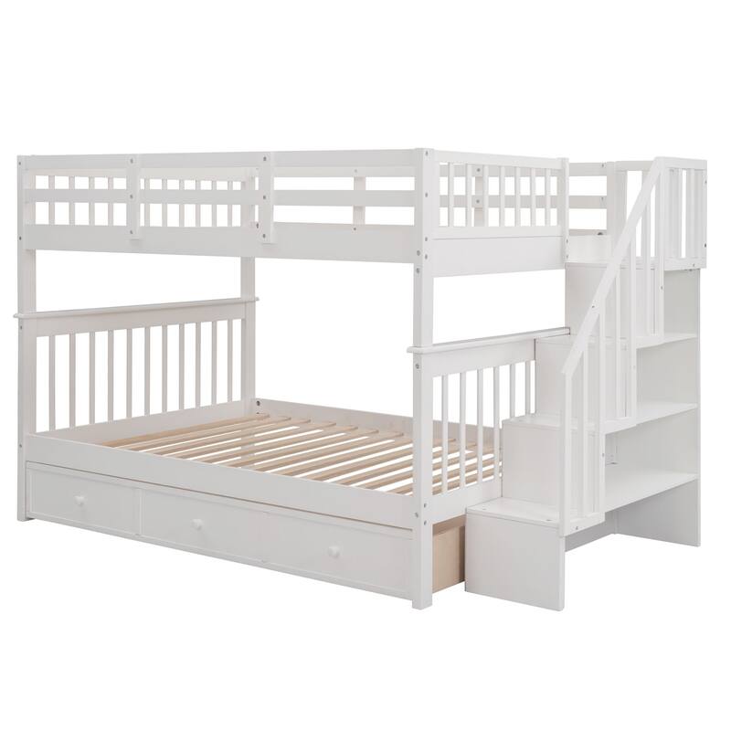 Wooden Stairway Bunk Beds with 3 Under Bed Drawers and Guard Rail