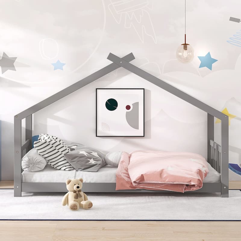 Espresso Wood Twin House Bed for Kids with Playhouse Design