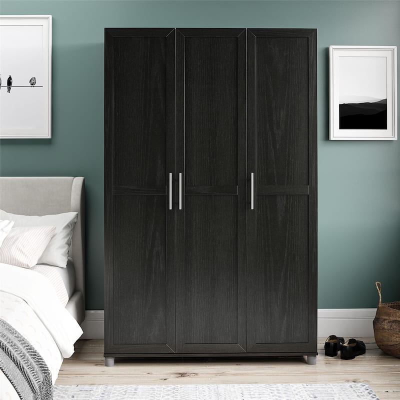 Roomfitters Camberly Framed 3-Door Wardrobe Closet with Hanging Rod and Shelving Storage, Black Finish