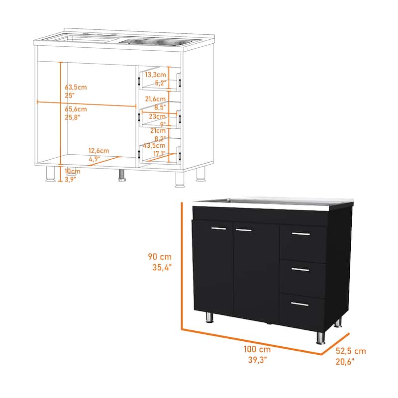 Darien melamine base cabinet, three drawers and stainless steel top.
