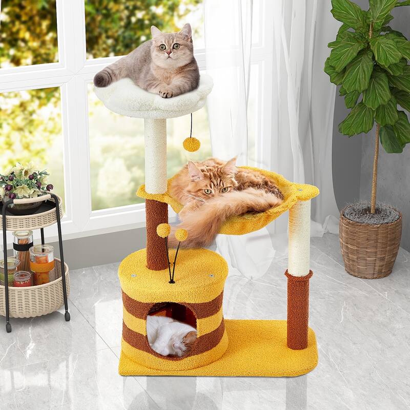 EROMMY 14.6 in Flower Cat Tree with Well-padded Perch, Cat Tower with Sisal Scratching Posts and Interactive Toys, Yellow