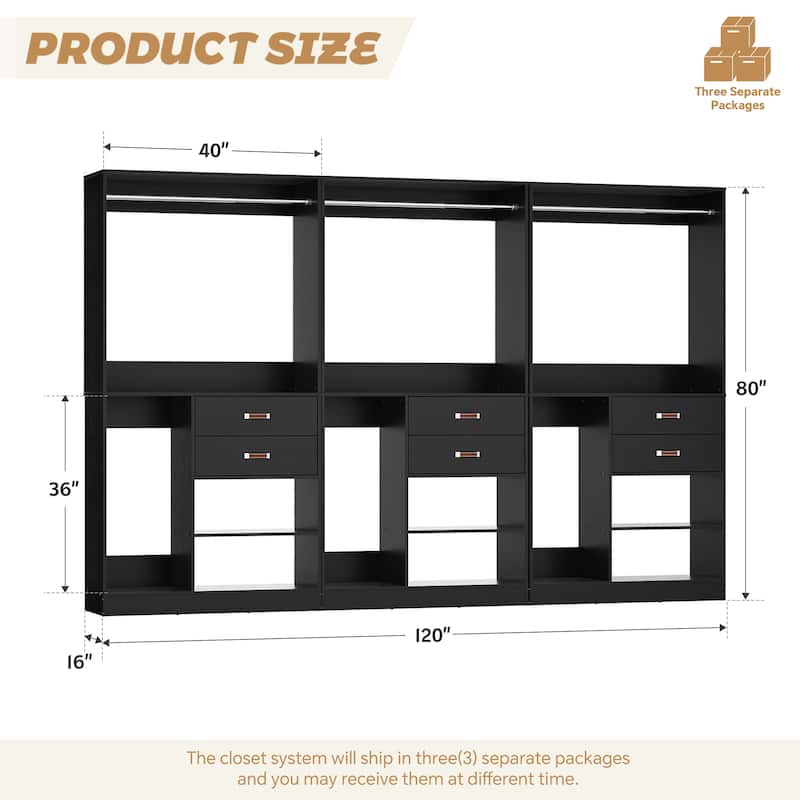 40'' Large Closet System with Shelves and 2 Drawers, Freestanding Closet Organizer with Hanging Rods