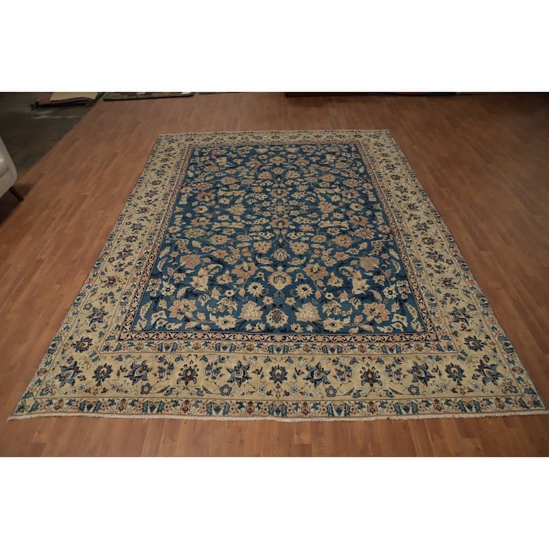 Hand Knotted Oriental 100% Wool Carpet Traditional All-Over Navy Blue & Blues Kashan Area Rug - 12' 6'' X 9' 3''