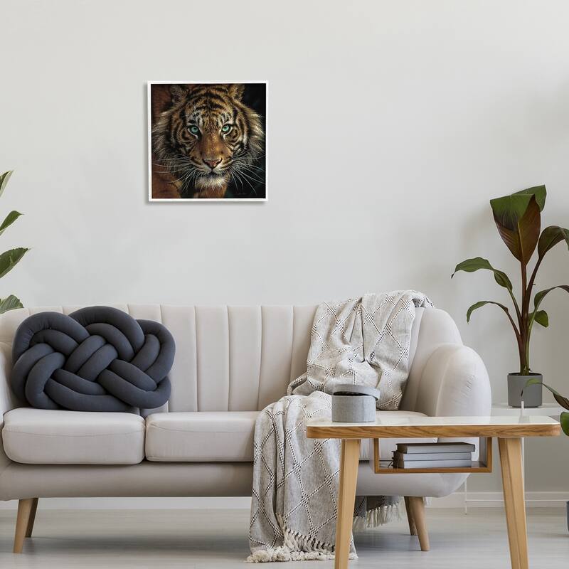 Stupell Fierce Wild Tiger Crouching Green Eyes Detailed Portrait Framed Wall Art - Black