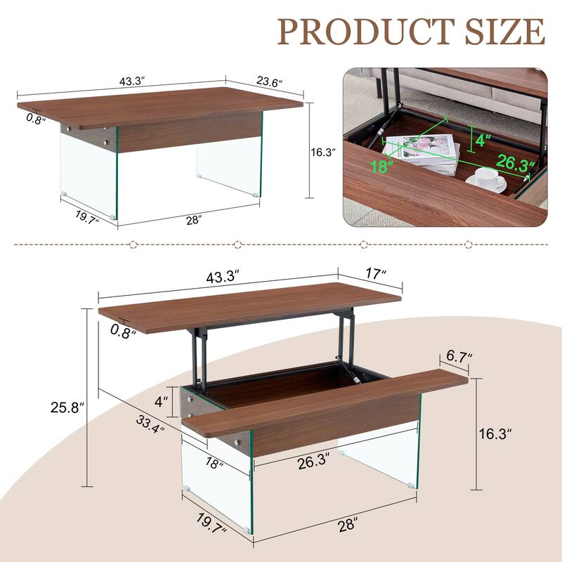Multifunctional Lift-Top Coffee Table - Light Wood Finish, Tempered Glass Legs. Ideal for Modern Living Rooms and Offices.