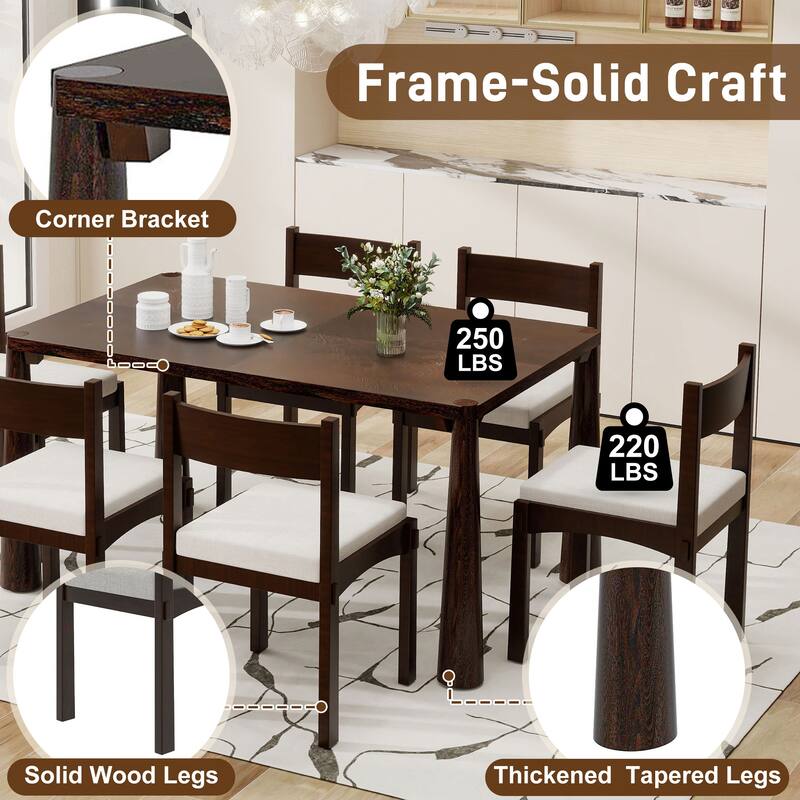 7-Piece Retro Farmhouse Dining Table Set, 59.8" Wood Table with 6 Upholstered Chairs for Dining Room or Kitchen