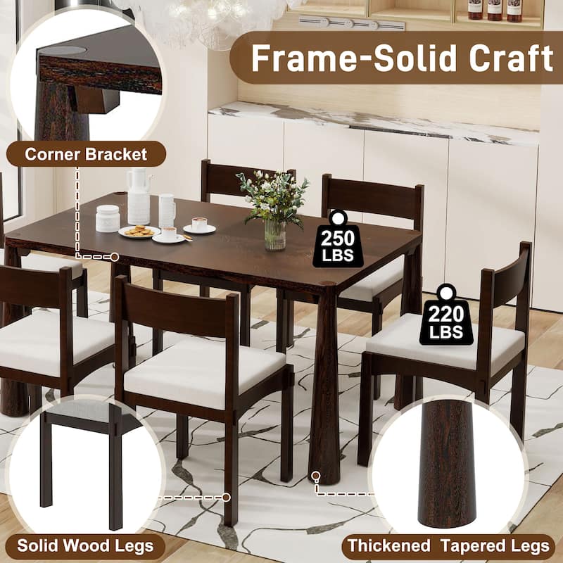 Roomfitters 7-Piece Vintage Wood Dining Set for 6 with Upholstered Chairs, Retro Kitchen or Dining Room Furniture