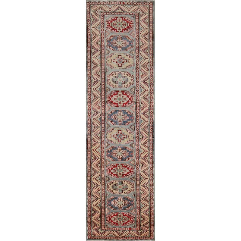 Geometric Kazak Oriental Runner Rug Hand-Knotted Wool Carpet - 2'8" x 12'2"