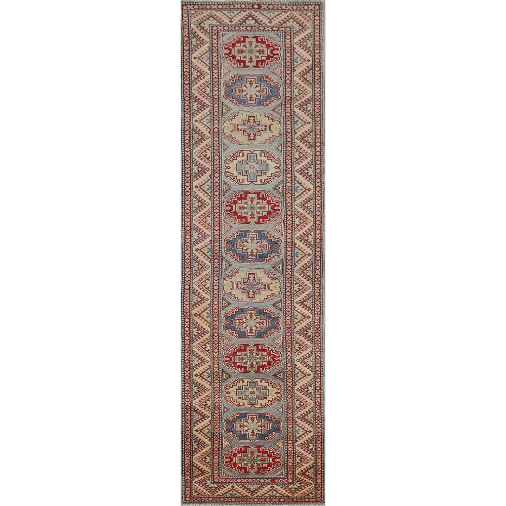 Geometric Kazak Oriental Runner Rug Hand-Knotted Wool Carpet - 2'8" x 12'2"