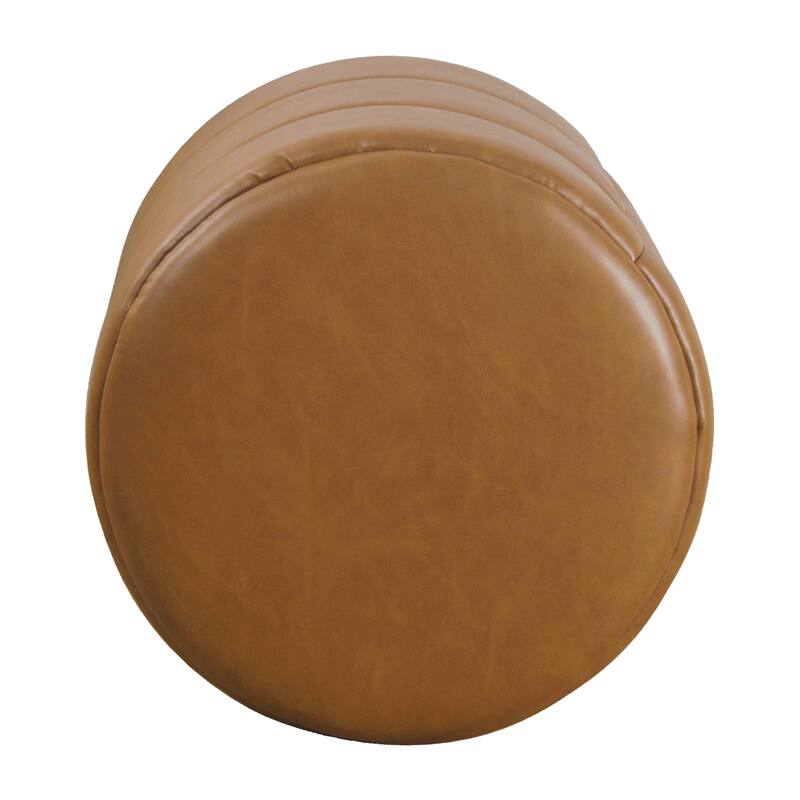 Sem Round Accent Ottoman, Brown Channel Tufted Faux Leather 18 Inch