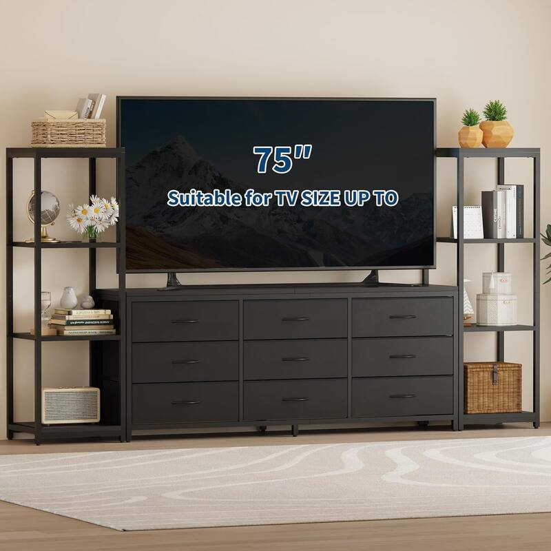 Entertainment Center TV Stand with 9 Drawers and Bookshelves for Living Room