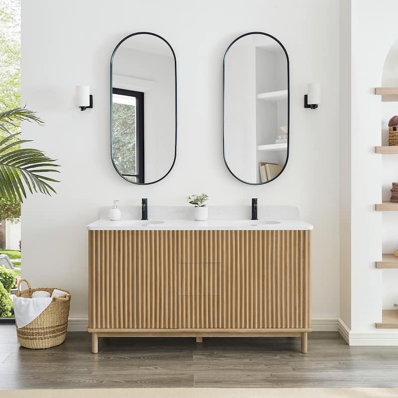 Seoul Bath Vanity with White Grain Composite Stone Top without Mirror - 60in. - Washed Ash Grey