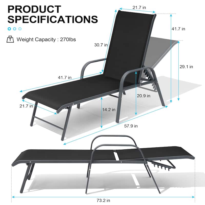 Outdoor Patio Lounger Aluminum Adjustable Chaise Lounge Chairs with Arms (Set of 2/4) - See Picture