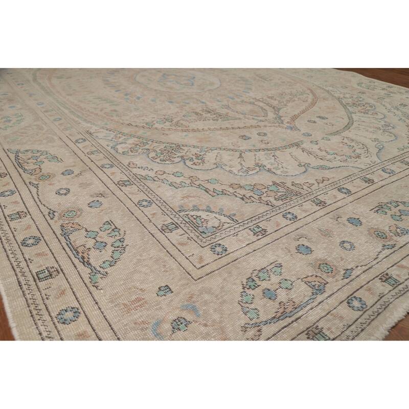Floral Tabriz Persian Area Rug Beige Handmade Wool Carpet - 7'9"x 11'1"