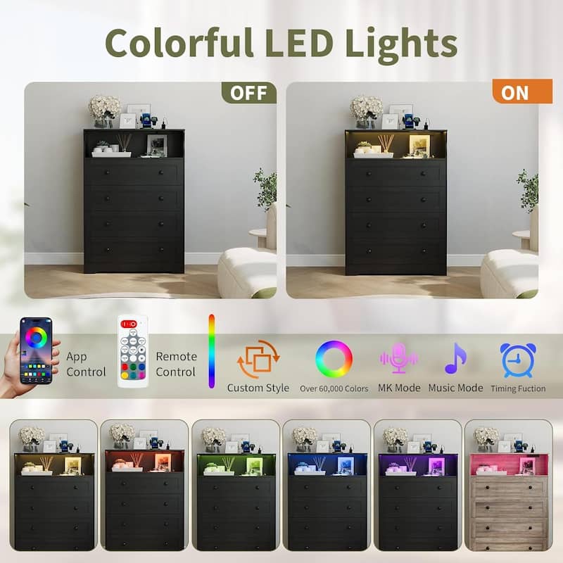 4 Drawer Dresser for Bedroom with Charging Station & LED Lights