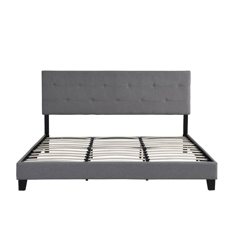 BED 3 GREY, Queen Size Upholstered Platform Bed Frame with pull point Tufted Headboard, Strong Wood Slat Support