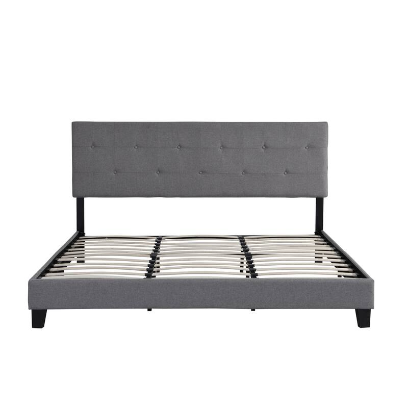 King Size Bed Frame with Button Tufted Fabric Headboard, Upholstered Platform Bed Frame, No Box Spring Needed, Wood Slat Support