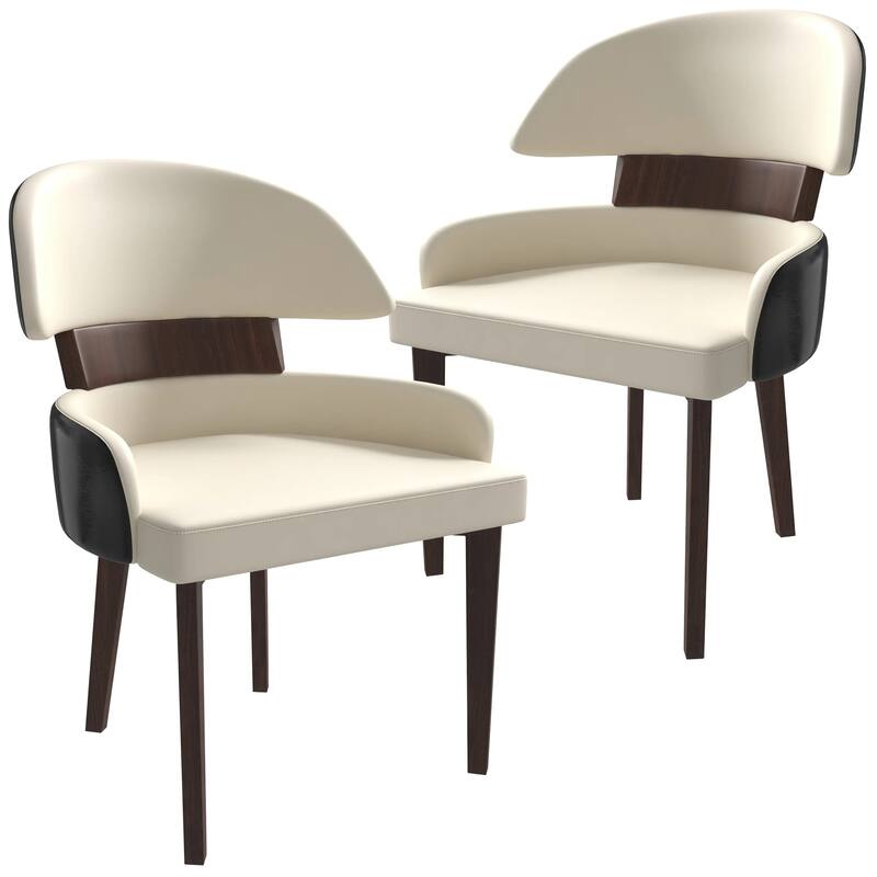 Ethos Leather Dining Chair with Rubberwood Legs Curved Back Accent Chair for Kitchen and Dining Room Set of 2 - Black/Cream
