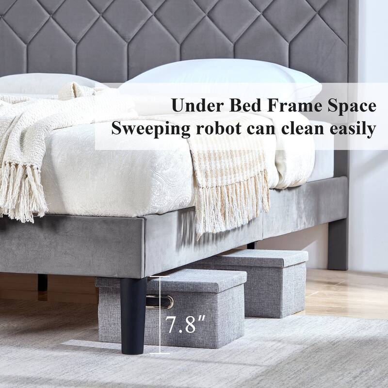 VECELO Adjustable Height Velvet Upholstered Bed Diamond Tufted Headboard with 7.8" Underbed Storage No Box Spring Needed