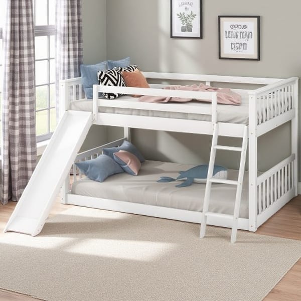 slide 2 of 53, Twin Over Twin Low Bunk Bed with Reversible Slide and Built-In Ladder, Wooden Frame with Guardrails White - Full