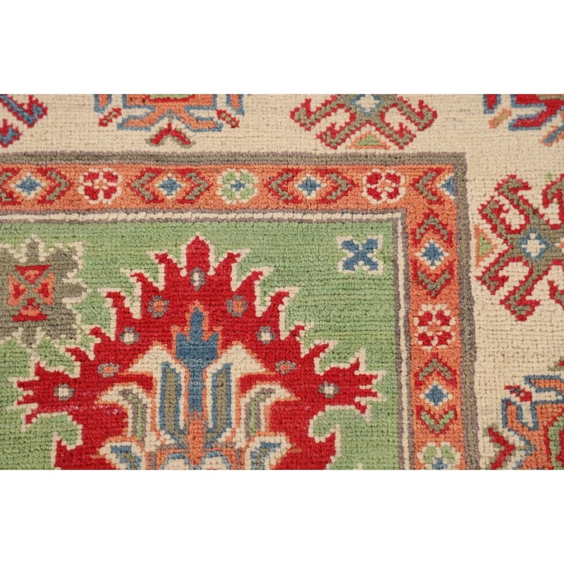 Traditional Green Kazak Oriental Area Rug Hand-Knotted Wool Carpet - 4'11" x 6'9"