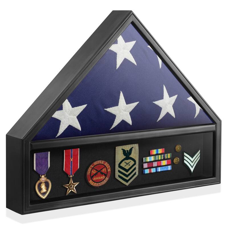 Military Medal and  Burial Flag Shadow Box Display Case - Black