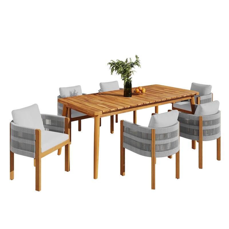 Roomfitters 7-Piece Outdoor Dining Set, Acacia Wood Patio Table and 6 Rope Woven Armchairs with Cushions