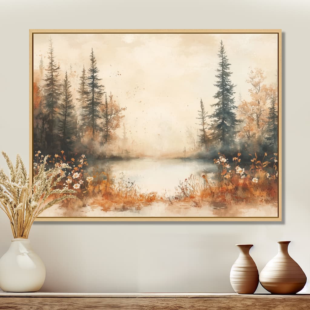 Designart Autumn Forest Lake Meadow - Landscape Framed Canvas Wall Art