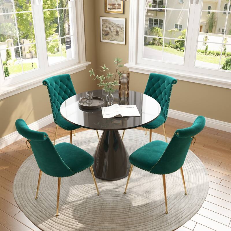 48" Light Luxury Black High Gloss Large Countertop Dining Table with Velvet Dining Chair Set