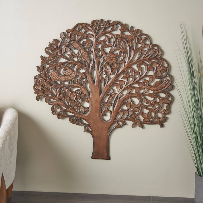 Brown Wooden Carved Tree Home Wall Decor with Animal Accents - Brown - 43"W, 45"H